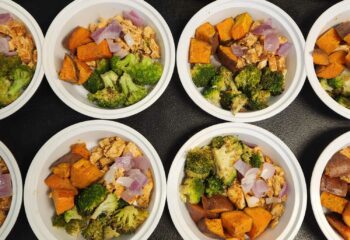 BBQ Chicken Bowl with Roasted Sweet Potatoes and Broccoli