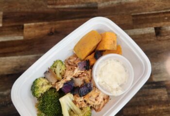 BBQ Chicken Bowl with Roasted Sweet Potatoes and Broccoli
